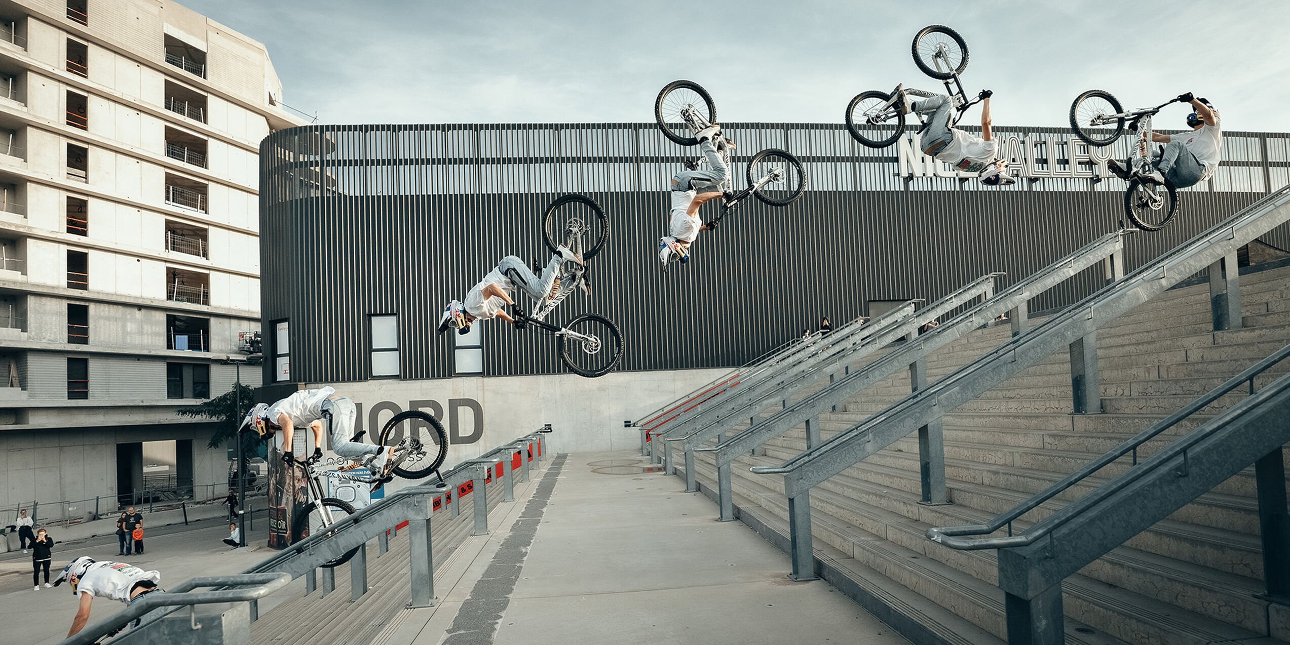 Fabio Wibmer backflipping the Canyon Torque &ldquo;Guardian Angel&rdquo; bike over a stair set.