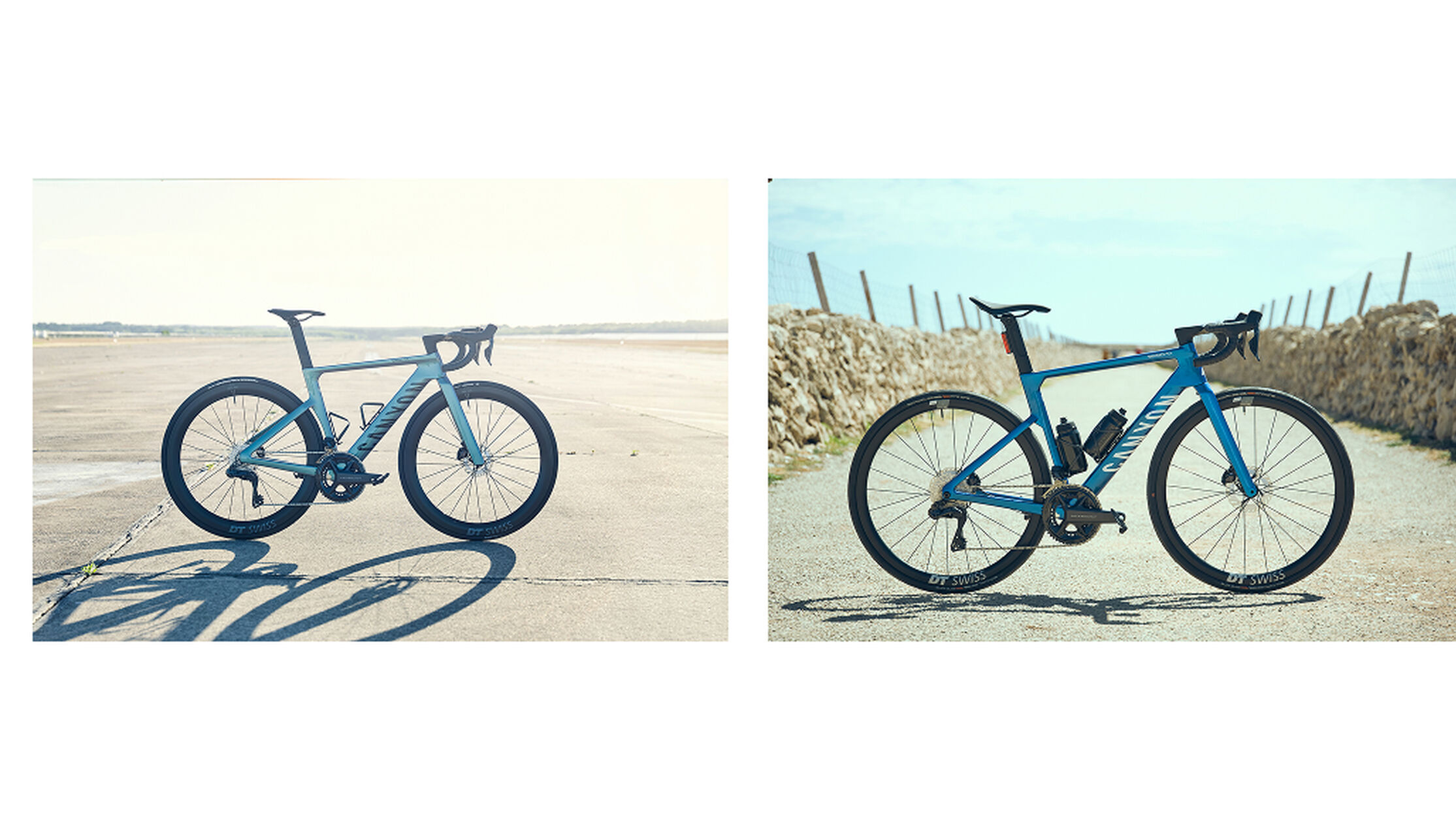 The Canyon Aeroad CF SLX featuring a low, drag-reducing front end alongside the Canyon Endurace CF SLX with its taller stack height for long-distance comfort. 