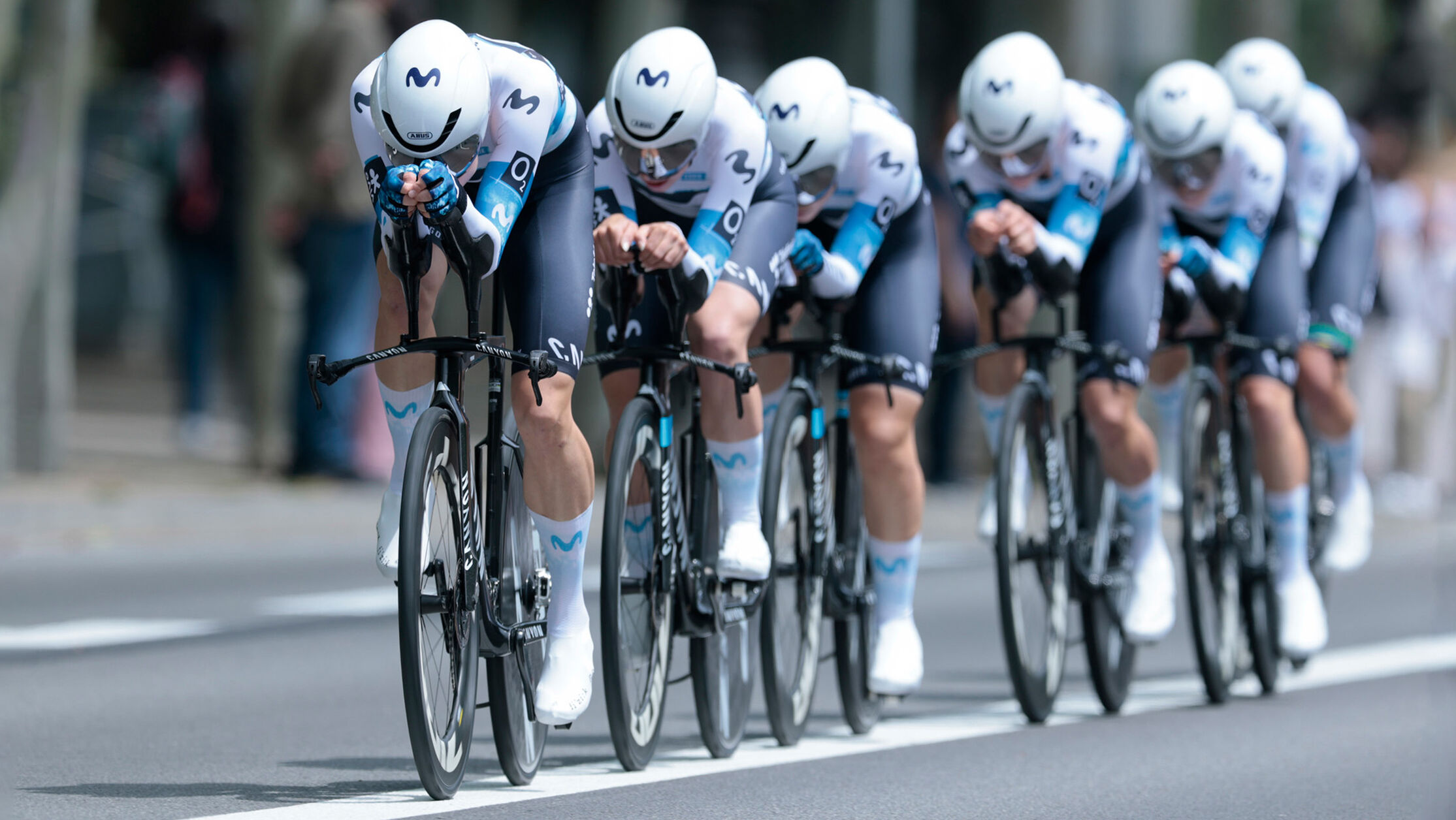 Road bikes of Canyon's professional team &ndash; Movistar in a time trial formation during competition.