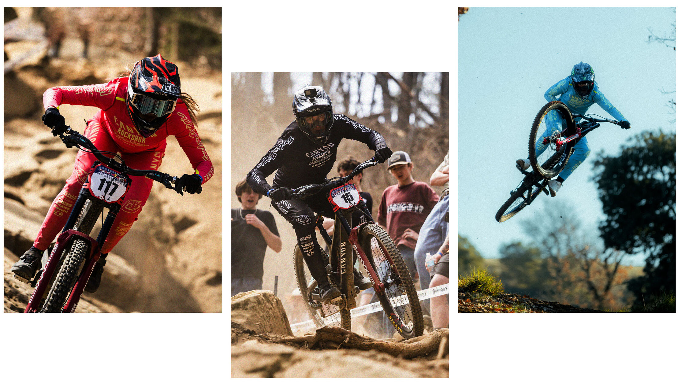 Full-suspension race bikes navigating rocky downhill terrain, racing through technical sections, and performing a jump during competition.