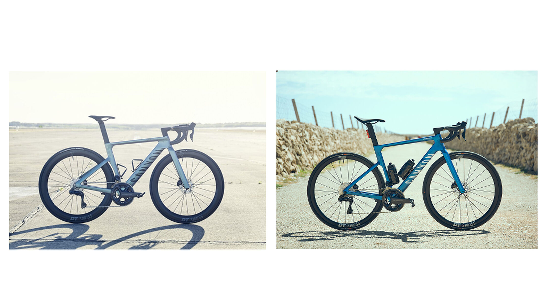 The Canyon Aeroad CF SLX featuring a low, drag-reducing front end alongside the Canyon Endurace CF SLX with its taller stack height for long-distance comfort. 
