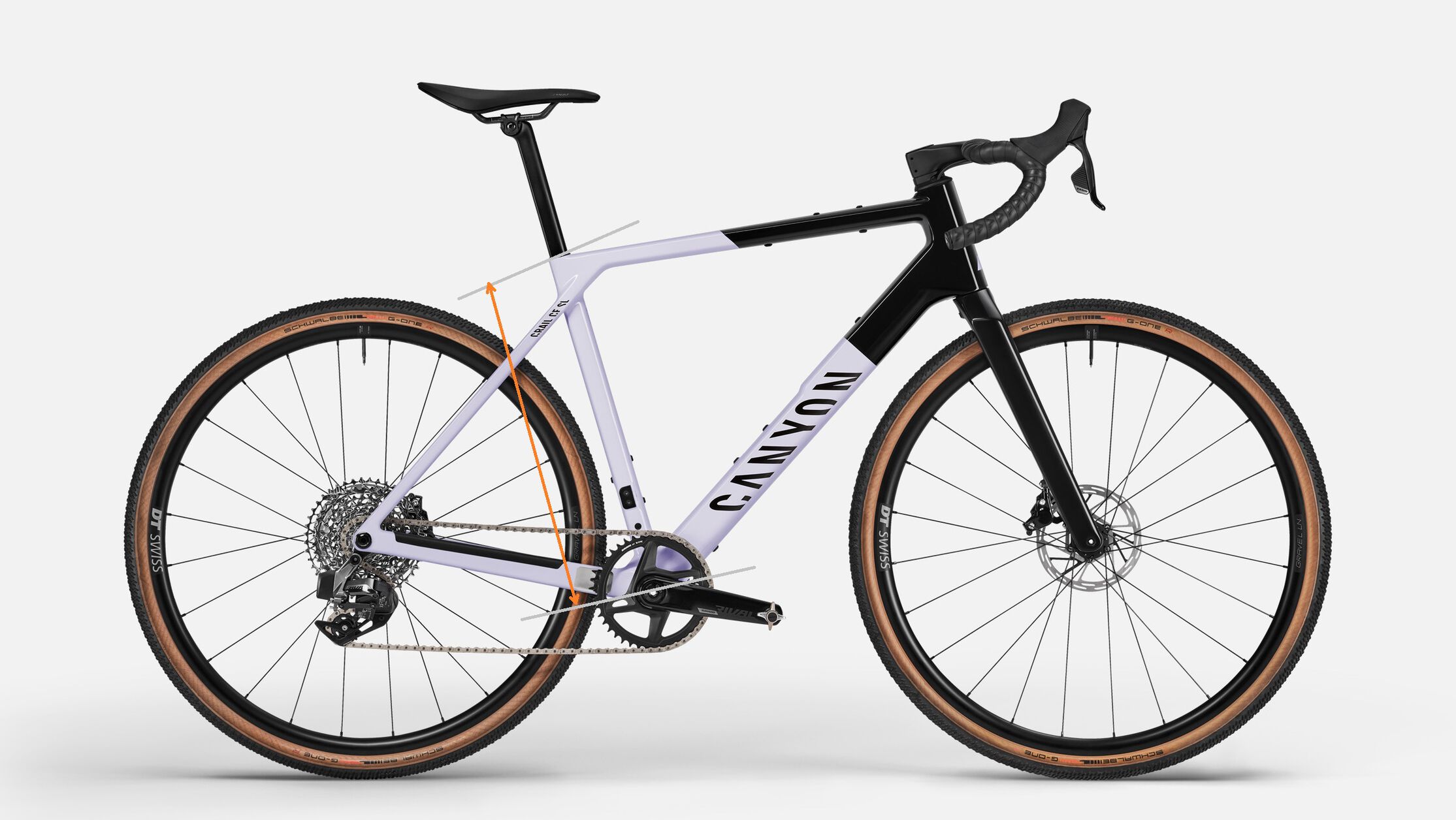 Side view of a Canyon gravel bike with seat tube length highlighted, illustrating how this measurement influences fit, leg extension, and comfort.