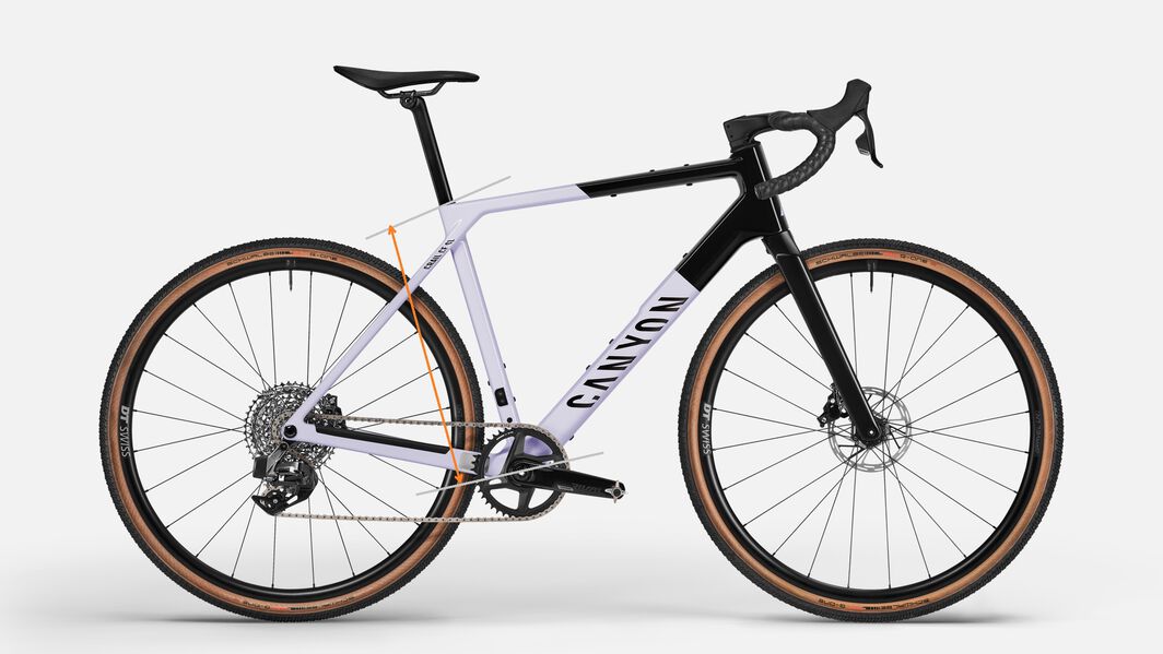 Gravel Bike Seat Tube Length – Geometry for Fit and Efficiency Side view of a Canyon gravel bike with seat tube length highlighted, illustrating how this measurement influences fit, leg extension, and comfort.