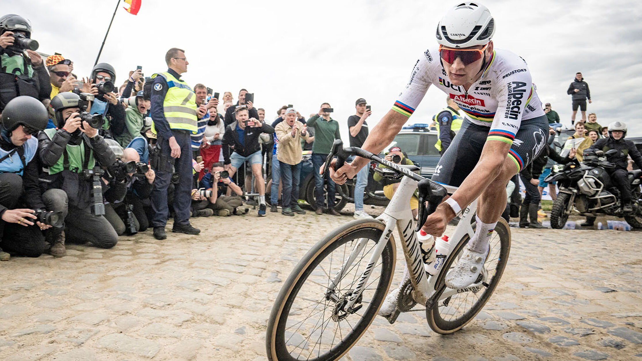 Mathieu van der Poel in action at Paris-Roubaix, having claimed three consecutive victories between 2023 and 2025. 