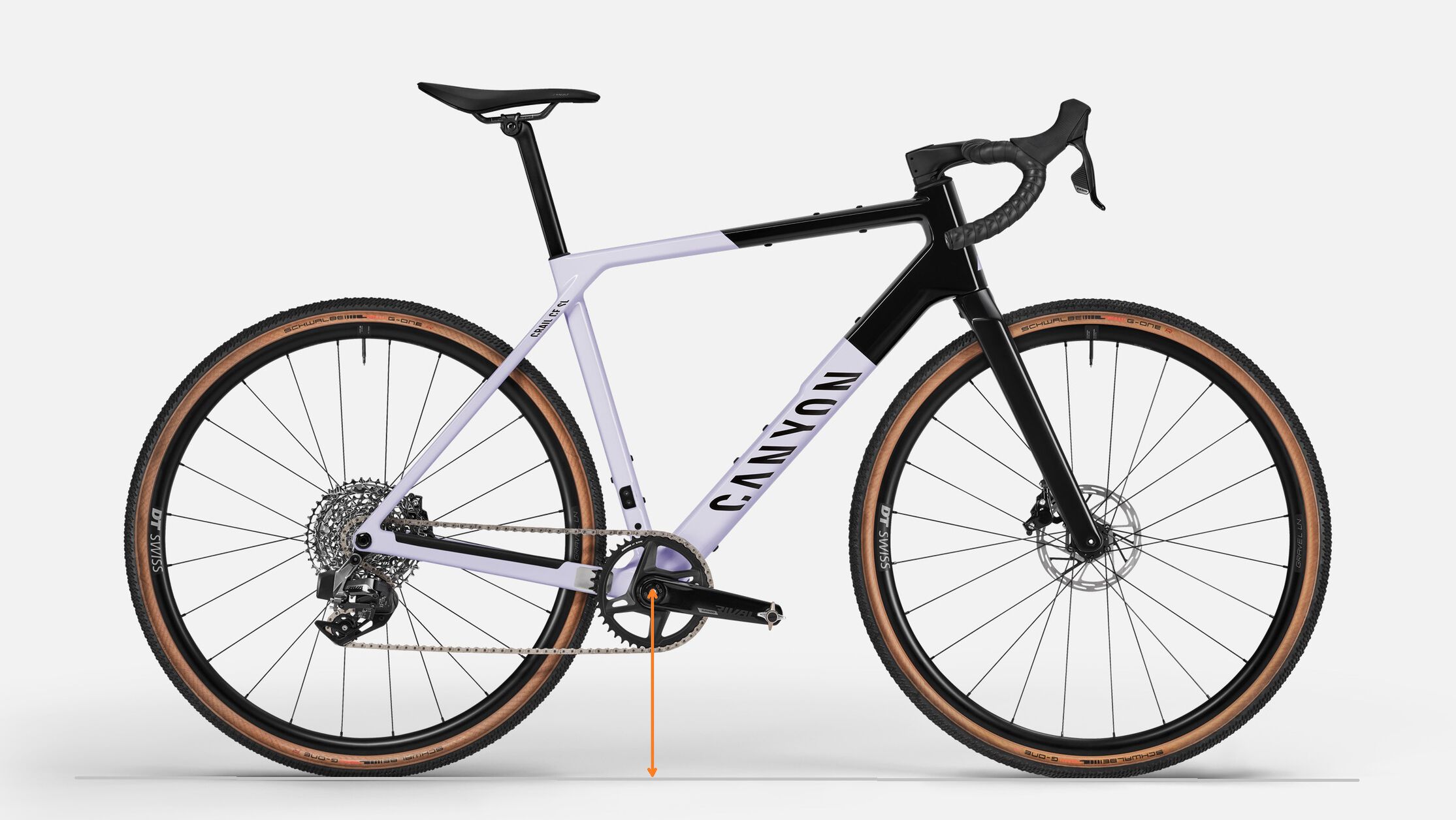 Side view of a Canyon gravel bike with bottom bracket height indicated, showing how this measurement affects ground clearance and ride handling.
