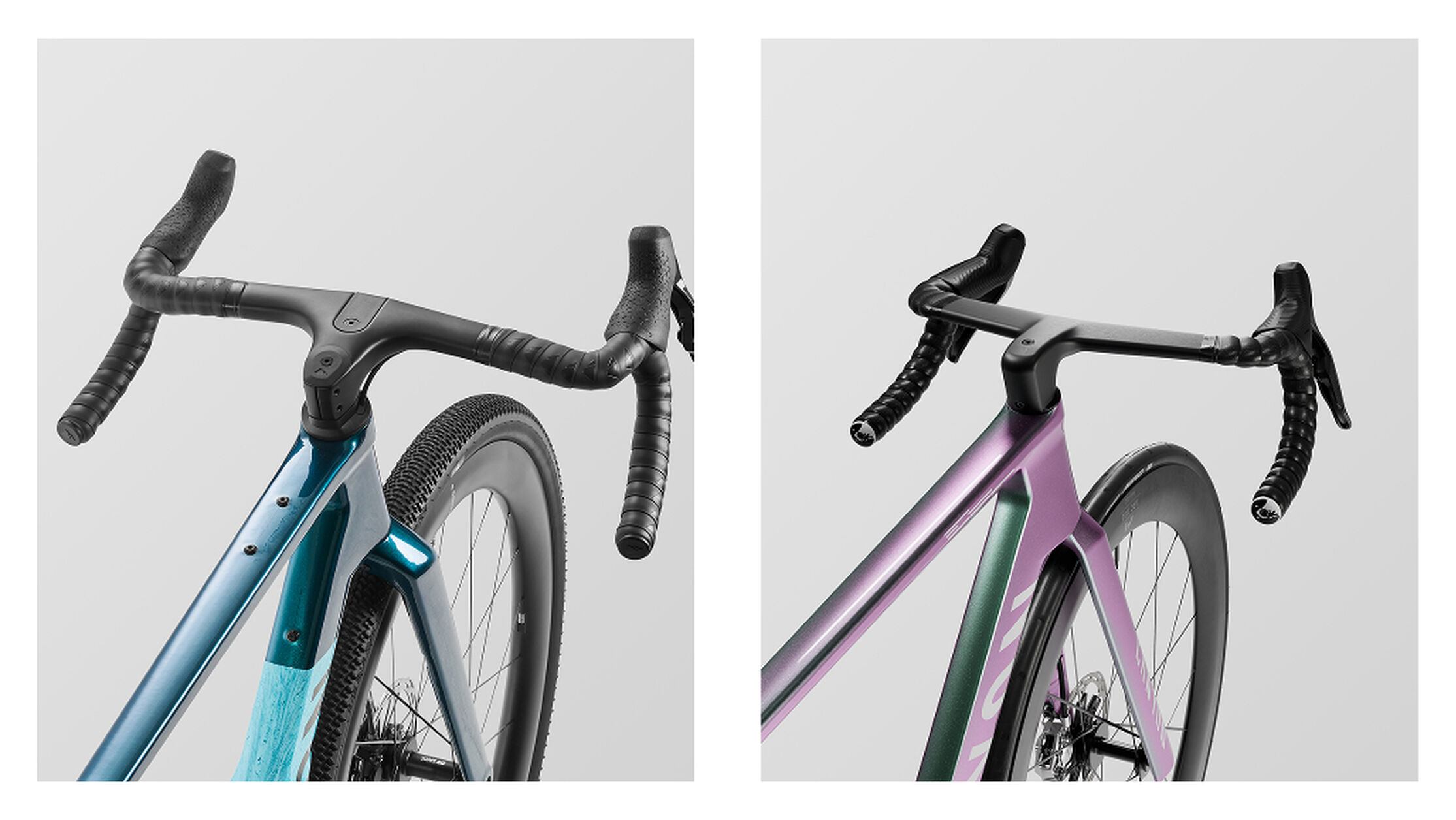 Running narrow, aerodynamic tires on the Aeroad for maximum pavement speed versus wider, high-traction tires on the Grail for gravel stability.