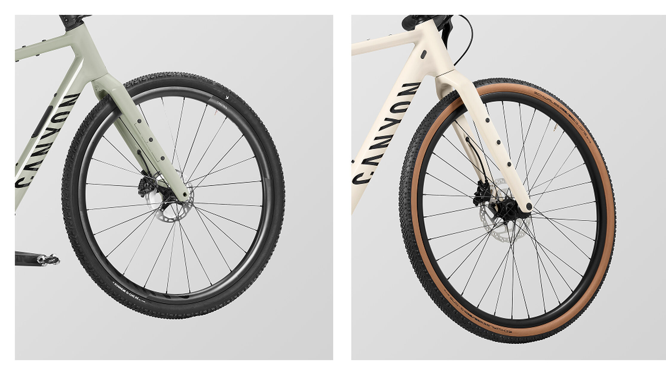 Side-by-side comparison of carbon and aluminium gravel bike wheels, showing the Canyon Grizl CF 8 Di2 with carbon wheels on the left and the Canyon Grizl 5 with aluminium wheels on the right.