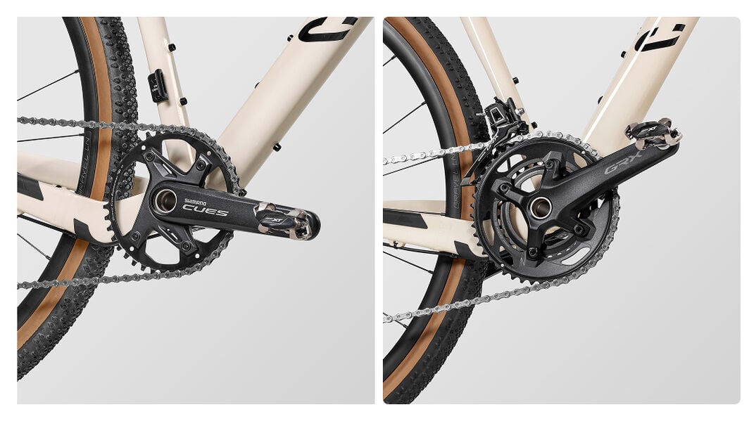 Side-by-side image showing Canyon Grizl 5 with a 1x drivetrain and Canyon Grizl 7 with a 2x setup, illustrating gravel bike gearing options and performance choice
