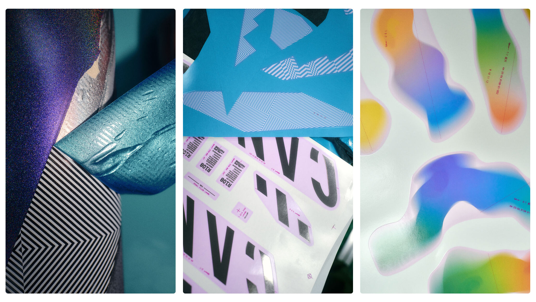 Felipe Pantone（左中）和 Elena Salmistraro（右）为 MyCanyon Opus 车架设计的贴花位置和切口。